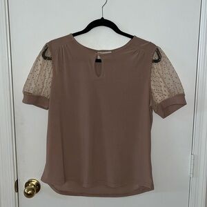Taupe blouse with sheer sleeves with polka dot detail